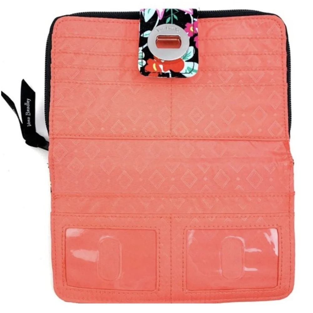 Vera Bradley RFID Turn Lock Wallet in TANGERINE TWIST‎ Black Floral New - Picture 3 of 9